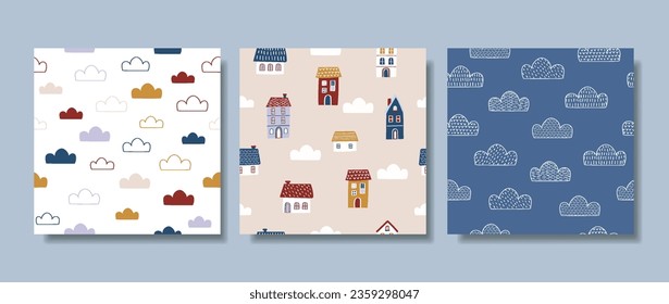 Seamless patterns set, hand-drawn used for fabric, textile, print, banner, card, background and decorative wallpaper