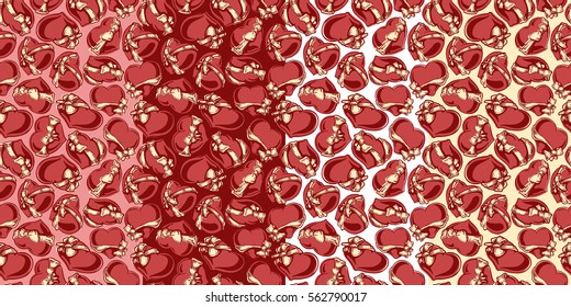 Seamless patterns set of heart with ribbon. Background has read, dark red, white and beige colors.