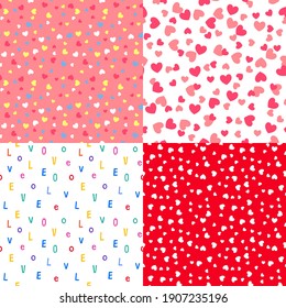 Seamless Patterns Set with Hearts and Love. Vector Retro Polka Dot Prints. Valentine's Day Illustrations