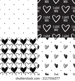 Patrones impecables con corazón y amor. Impresiones de puntos de polka retro vectores. Ilustraciones de San Valentín