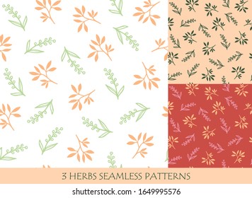 Seamless patterns set with herbs for packaging design templates and textile. Hand drawn vector illustration.