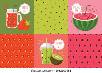 Seamless patterns set and illustrations with drinks: strawberry, watermelon, kiwi, words DRINK ME. Vector illustration.