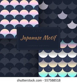Seamless patterns set. Japanese style. Gradient fish scale. Indigo, pink, golden, silver colors. Vector design for fabric, wallpaper and wrap.