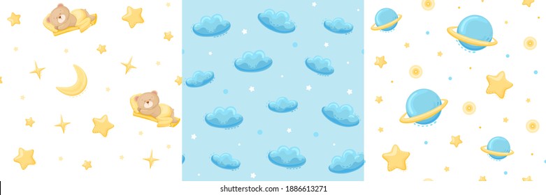 Seamless patterns set for kids textile, clothes, wallpaper. Cute bear sleeping under the yellow blanket. Moon, stars on white background. Clouds with stars and dots on blue color. Vector illustration