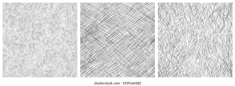 Seamless patterns set, line art, sketch textures. Simply fashion design. Black and white textures. Vector curves repeat illustration, contemporary, modern art