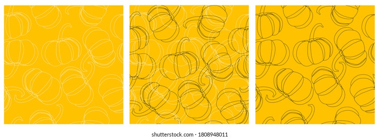 Seamless patterns set of line drawn pumpkin on orange background