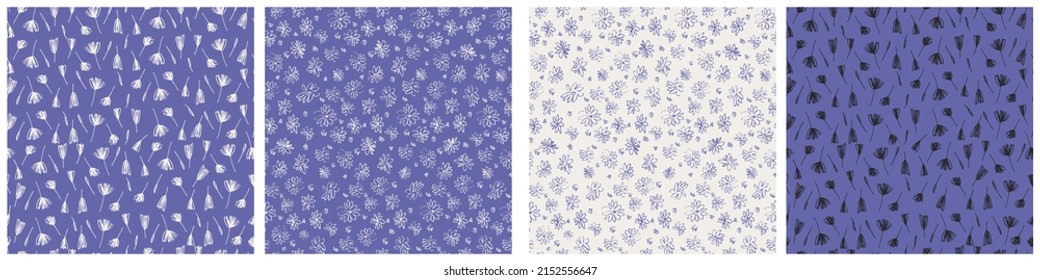 Seamless patterns set with meadow flowers in Ditzy style for surface design. The colors of the 2022 year Very Peri, blue a violet-red undertone background. Palette with Anthracite and Cloud Dancer