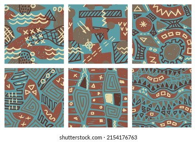 Seamless patterns set of memphis style hand drawn simple vector elements. Scribble ethnic decorations for fabric swatches design.