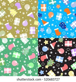 Seamless patterns set. Merry Christmas and New Year. Flat style icon on white background.