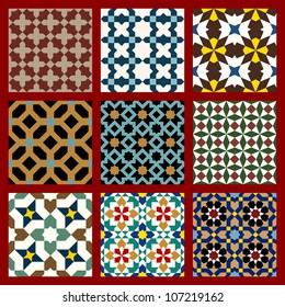 Seamless patterns Set in Moroccan style. Mosaic tile. Islamic traditional ornament. Geometric background. Vector illustration.