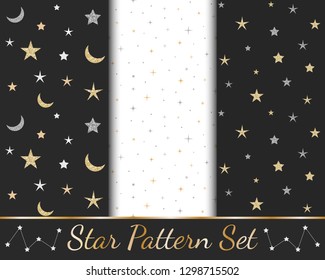 Seamless patterns set with night sky and glittery golden and silver stars. Vector. 