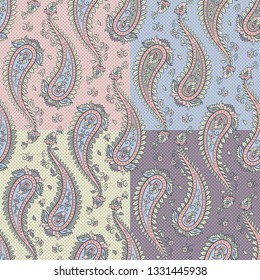 Seamless patterns set paisley ornamental vector background design for fabric in soft pastel colors illustration