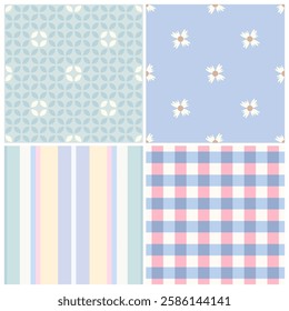 Seamless patterns set pastel colors backgrounds collection. Modern fabric design textile swatch all over print block for children's bedding. High resolution image digital illustration vector graphic.