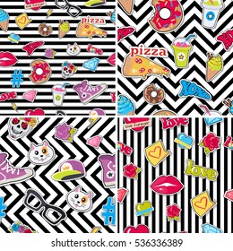 Seamless patterns set with patch objects for teens. Cap, sport footwear, pizza, bitten doughnut, cat, human skull with flower, diamond