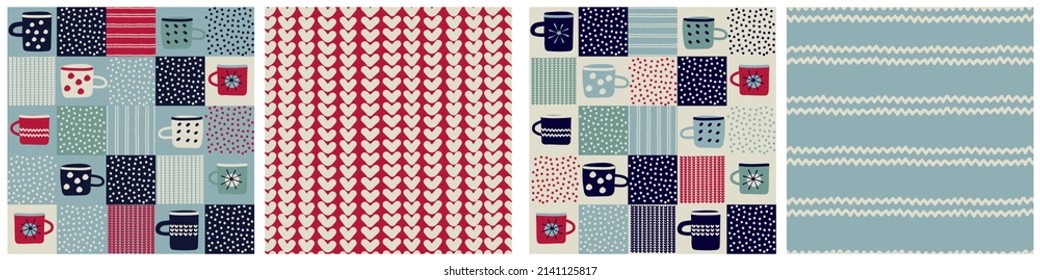 Seamless patterns set, patchwork with hand drawn cups, polka dot, waves in rustic Scandinavian hygge style for surface design and other design projects