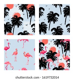 Seamless patterns set with pink flamingos, palm trees and sun. Vector illustration.