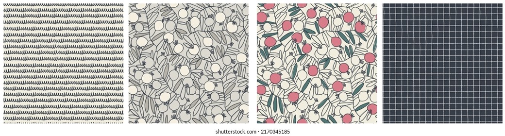Seamless patterns set. Pomegranate tree branches with fruit. Outlined vector illustration on light-colored background for surface design and other design projects