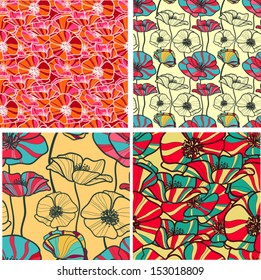 Seamless patterns set  with poppy. Four Floral backgrounds. Flower ornament good for web, print and wrapping paper.