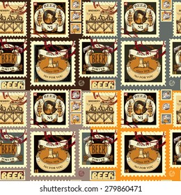 Seamless patterns set with postage stamps for beer. Postage stamps contains images of different beer emblem, beer mugs, ribbons, patterns, brewery and place for text. 