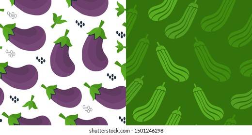 Seamless patterns set - purple eggplants on white background and green striped zucchini. Veggies patterns with mellow violet aubergines and tabby squashes.