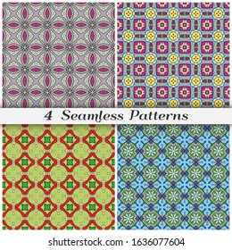 Seamless patterns set, repeating texture for textile fabric, paper print. Colorful doodle background with geometric and floral elements. Tribal ethnic ornament for scarf, shawl, hijab design