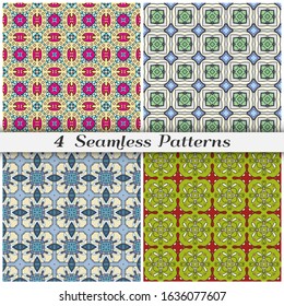 Seamless patterns set, repeating texture for textile fabric, paper print. Colorful doodle background with geometric and floral elements. Tribal ethnic ornament for scarf, shawl, hijab design