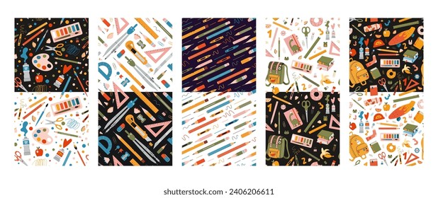 Seamless patterns set with school stationery and art supplies, cartoon style. Back to school. Trendy modern vector illustration on a black and transparent background, hand drawn, flat design