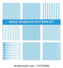 Seamless patterns set with scribbles lines and waves. Vector hand drawn pictures stripe wave graphic illustration