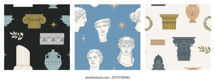 Seamless patterns set with sculpture, ornament, architectural details, olive branches and vases. Ancient Greek and Roman art concept. Hand draw vector illustrations in trendy colors.