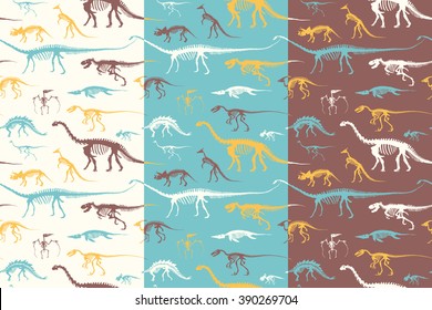 Seamless patterns Set of silhouettes of skeletons of dinosaurs and fossils. Hand drawn vector illustration. Silhouettes of man and children, comparison of sizes, realistic size.