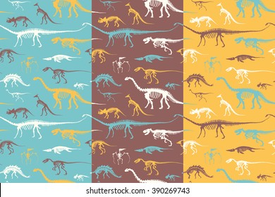 Seamless patterns Set of silhouettes of skeletons of dinosaurs and fossils. Hand drawn vector illustration. Silhouettes of man and children, comparison of sizes, realistic size.