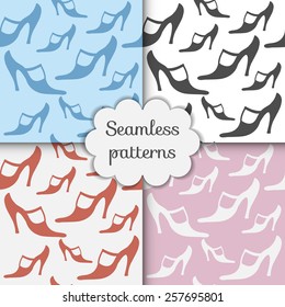 Seamless patterns set with silhouettes women's shoe. High heels. vector