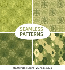 seamless patterns set. Simple repeated floral and abstract elements on green background. Nice fresh design. Spring decorative art collection for textile.