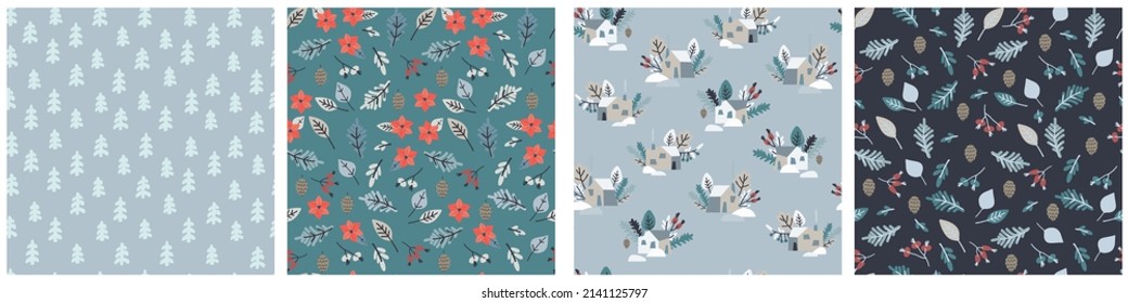 Seamless patterns set with snowy houses, fir tree branches, frozen leaves, berries on gray-blue background. Winter holiday, nature concept