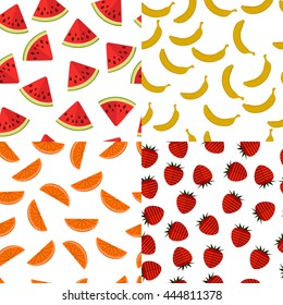 Seamless patterns set with strawberries, bananas, watermelons, oranges. Berries, fruit. Vector illustration.
