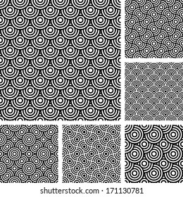 Seamless Patterns Set. Textures In Op Art Design With Circle Elements. Vector Art.