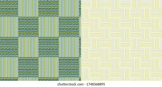 Seamless patterns in a set of two vectors. Wavy decorative lines are intertwined with a square ornament, on a light and dark background. For textile, wallpaper, tile