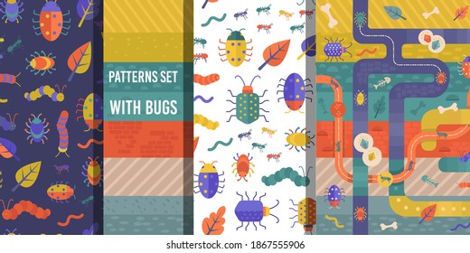 Seamless patterns set with undeground labyrinth, bugs, colorful clay and soil layers. Funny bugs, worms, ants, caterpillars. Kids style prints about under earth life. Insects design collection 