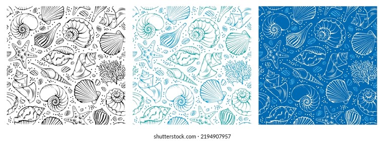 Seamless patterns set with various hand drawn tropical seashells, seastars, corals and sea stones. Monochrome and colored patterns. Vector illustration