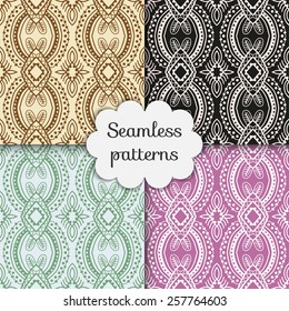 Seamless patterns set. Vector repeating lace texture, ornament collection. Stylish geometric background