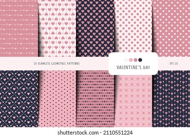 Seamless patterns set. Vector patterns for valentine's day. Vintage geometric ornaments of hearts, arrows, dots.
