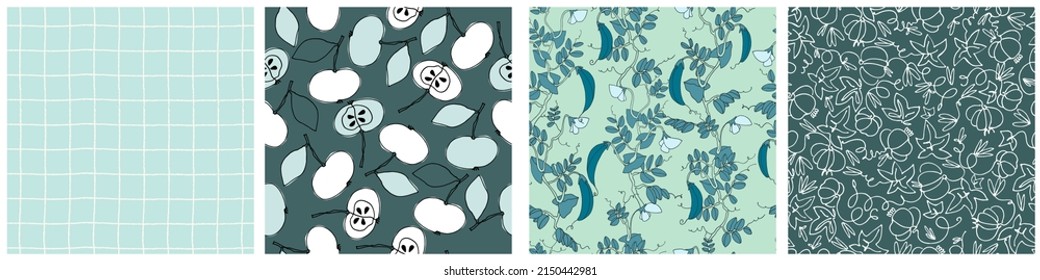 Seamless patterns set with vegetables, beans and greens for surface design, posters, illustrations. Isolated elements on white background. Healthy carb foods, vegan theme