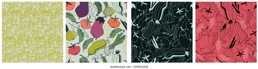 Seamless patterns set with vegetables, beans and greens for surface design, posters, illustrations. Isolated elements on white background. Healthy carb foods, vegan theme