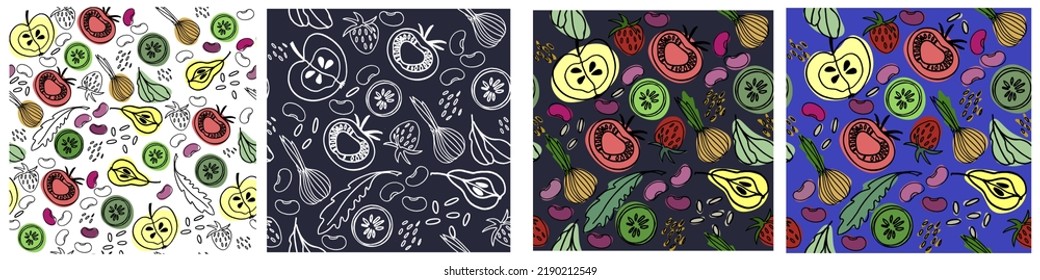 Seamless patterns set with vegetables, beans and greens for surface design, posters, illustrations. Isolated elements on white background. Healthy carb foods, vegan theme