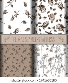Seamless patterns. Set of vintage endless vector illustrations. Elegant roses. Used for printing wallpapers, backgrounds, fabrics, packaging, cards.