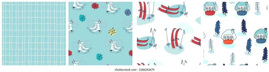 Seamless patterns set with winter cottages, fir trees and skis in the snow. Winter holidays background. Winter recreation concept