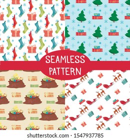 Seamless Patterns Set for Winter Holidays Christmas and New Year Celebration. Colorful Ornament with Santa Claus Reindeer Sledge, Socks with Gifts, Bag, Fir Tree. Cartoon Flat Vector Illustration