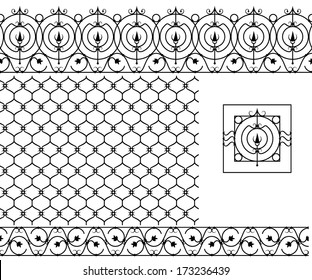 Seamless patterns set for wrought iron railing, grating, lattice, gates, fence. Black silhouette