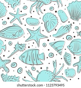 Seamless patterns with shell, starfish, fish, stone. Vector set for design in sea beach style. Blue exotic underwater