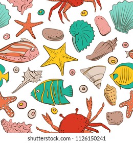 Seamless patterns with shell, starfish, fish, stone. Vector set for design in sea beach style. Colored exotic shells